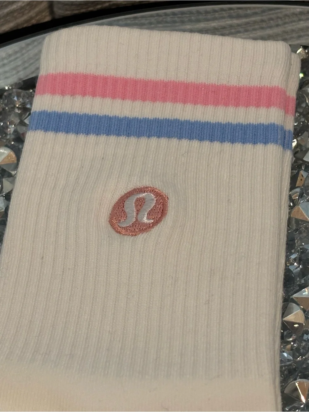 Lululemon White Crew Socks Pink & Blue Stripe Logo Athleisure One Size